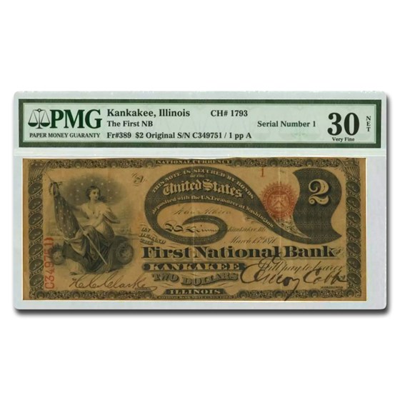 1865 $2.00 "Lazy Deuce" Kankakee, IL VF-30 PMG (CH#1793, S/N # 1) 1865 $2.00 "Lazy Deuce" Kankakee, IL VF-30 PMG (CH#1793, S/N # 1)